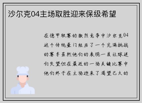 沙尔克04主场取胜迎来保级希望